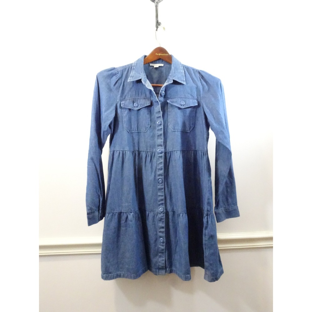 American Eagle Denim Tiered Mini Shirt Dress Long Sleeve Blue Cotton Small